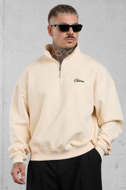 BEIGE SIGNATURE OVERSIZED HALFZIP SWEATER