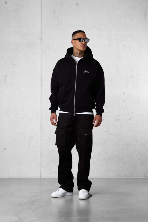 BLACK SIGNATURE OVERSIZED ZIP HOODIE