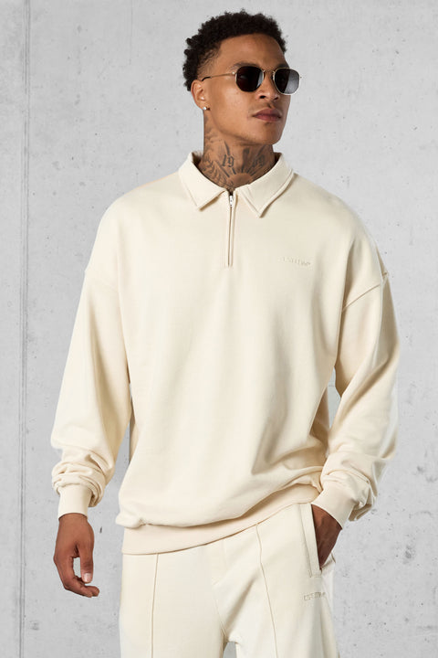 BEIGE ESSENTIAL OVERSIZED HALFZIP SWEATER