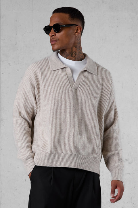 GREIGE OVERSIZED KNIT POLO SWEATER