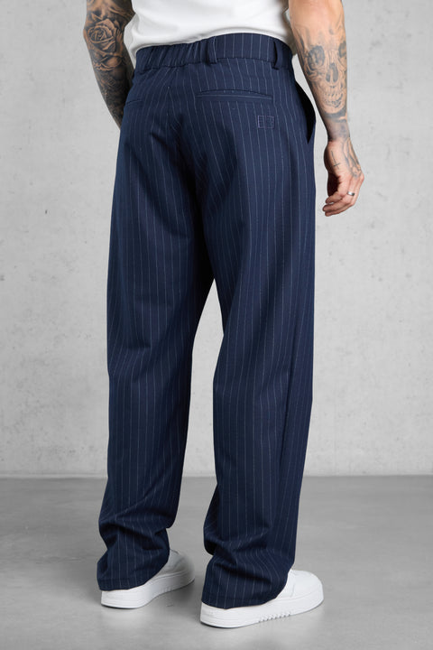 NAVY PINSTRIPE WIDE TAILORED PANTS