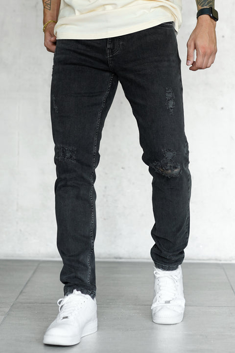 WASHED BLACK DESTROYED STRAIGHT JEANS